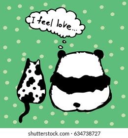 Vector hand drawn cute illustration with a small panda and a monochrome cat sitting and thinking together. Image for love and friendship theme, children goods and books, lovely printed production.