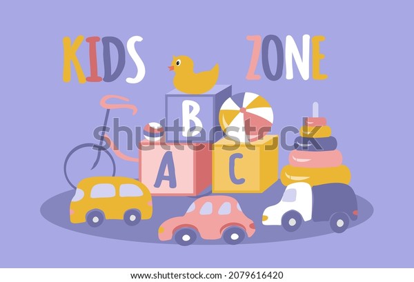 vector hand drawn cute illustration - childrens\
toys, kids zone. Toy cars, pyramid, cubes, machine, , balls. Trendy\
illustration in flat\
style