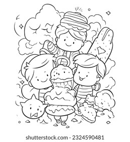 Vector hand drawn cute kawaii outline illustration. Coloring page for kids and adults. Print design, t-shirt design, tattoo design, mural art, line art.