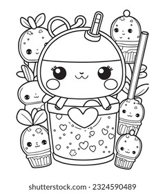 Dibujo manual de vectores lindo kawaii, ilustración del contorno. Página de colorear para niños y adultos. Diseño de impresión, diseño de camisetas, diseño de tatuajes, arte mural, arte de línea.