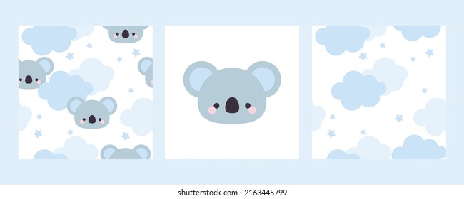 Vector hand drawn cute koala poster set. Kawaii animals. Seamless pattern with koala and clouds. For decoration in a children's room, wallpaper, textiles, baby clothes.