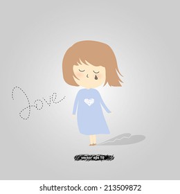 vector of hand drawn cute little girl crying. Girl in blue skirt crying heart broken. Shadow with a broken heart represent sad, sorrow, hurt, love, valentine, grief.