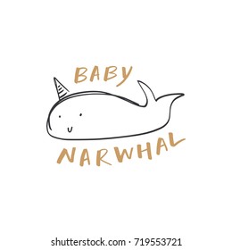 Vector hand drawn cute narwhal illustration.