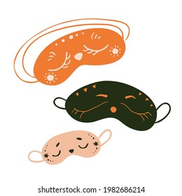 Vector hand drawn cute orange, green and beige baby sleeping masks. Vector illustration isolated on white background