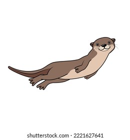 Vector hand drawn cute otter illustration isolated on white background. Happy otter swimming and smiling underwater. 