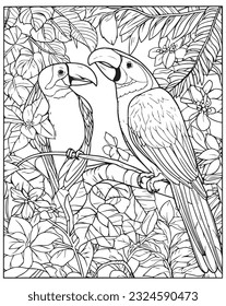 Vector hand drawn cute parrots in jungle outline illustration. Coloring page for kids and adults. Print design, t-shirt design, tattoo design, mural art, line art.