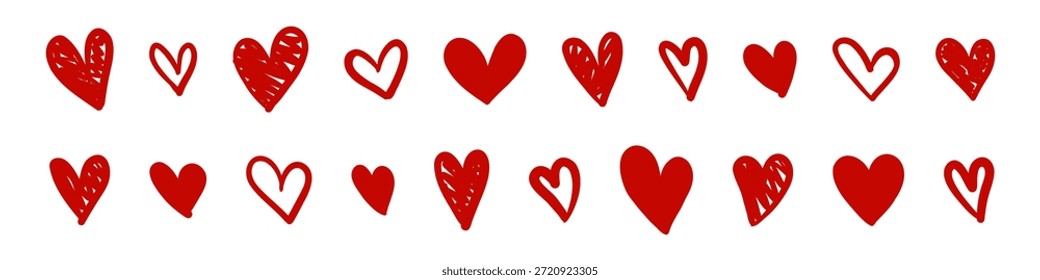 Corazones rojos lindos dibujados a mano de Vector en varias Formas, estilos sólidos y de contorno. Colección de Elementos Clipart Doodle para el día de San Valentín tarjeta de felicitación de amor, invitación, álbum de recortes o diseño romántico.