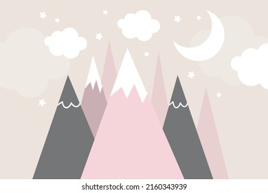 Vector hand drawn cute scandinavian style wallpaper. Mountains, clouds, stars and moon. Trendy children's wallpaper. Children's room decor. On a beige background.