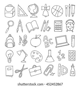 Vector mão desenhado bonito materiais escolares ícones, pictogramas. Mochila, régua, caneta, lápis, lâmpada, laptop, maçã, lupa, bússola e muito mais.