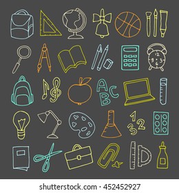 Vector hand drawn cute school supplies icons, pictograms. Backpack, ruler, pen, pencil, bulb, laptop, apple, magnifier, compass and more.