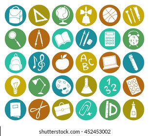 Vector hand drawn cute school supplies icons, pictograms. Backpack, ruler, pen, pencil, bulb, laptop, apple, magnifier, compass and more.