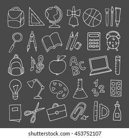 Vector hand drawn cute school supplies icons, pictograms. Backpack, ruler, pen, pencil, bulb, laptop, apple, magnifier, compass and more.