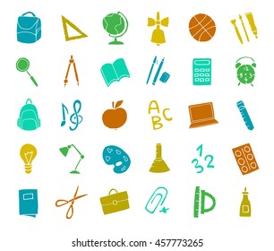 Vector hand drawn cute school supplies icons, pictograms. Backpack, ruler, pen, pencil, bulb, laptop, apple, magnifier, compass and more.