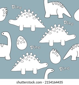 Vector hand drawn cute seamless pattern with dino and eggs. Cute dinosaurs and dino lettering. Children's wallpaper.