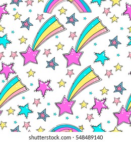 Vector hand drawn cute seamless background. Magic  stars, . Colorful pattern.