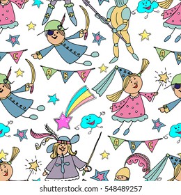 Vector hand drawn cute seamless background.  Kids in carnival costumes. Fairy, a knight, pirate, musketeer. Children's party. Birthday, celebration. Colorful pattern.