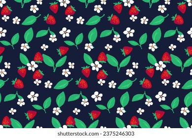 Vector hand drawn cute simple strawberry, flowers, leaves seamless pattern. Colorful simple cartoon fruits print on a black background. Template for design, childish, fashion, surface design