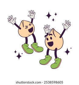 Vector hand drawn cute smiling characters jumping chickpeas on white background. Concept of healthy food and benefits of vegetables and legumes