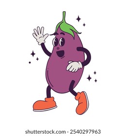 Vector hand drawn cute smiling character dancing eggplant on white background. Concept of healthy food and benefits of vegetables