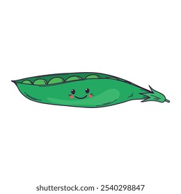 Vector hand drawn cute smiling green pea pod on white background