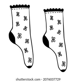 Vector hand drawn cute socks. Woman socks sketch with flowers in doodle style. Socks icon for web,print,stickers,logo, postcard, poster.Footwear.Isolated elements on white background.