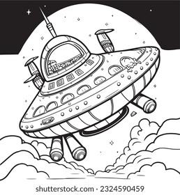Vector hand drawn cute spaceship in space outline illustration. Coloring page for kids and adults. Print design, t-shirt design, tattoo design, mural art, line art.