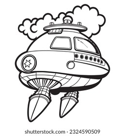 Vector hand drawn cute spaceship in space outline illustration. Coloring page for kids and adults. Print design, t-shirt design, tattoo design, mural art, line art.