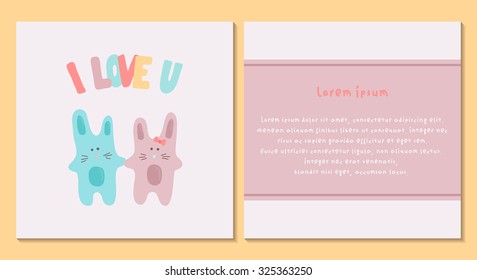 Vector hand drawn cute template with bunnies. I love you