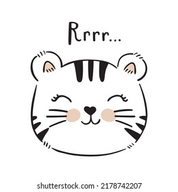 Vector Hand Drawn Cute Tiger Cub Face Smiling And Saying Rrrr Isolated On White Background