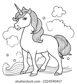 Vector hand drawn cute unicorn outline illustration. Coloring page for kids and adults. Print design, t-shirt design, tattoo design, mural art, line art.
