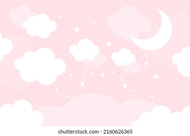 Vector hand drawn cute wallpaper with clouds, stars and moon on pink background. Wallpaper for a little princess. 3D Wallpaper.