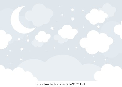 Vector hand drawn cute wallpaper with clouds, stars and moon on blue background. Children's 3D wallpaper.