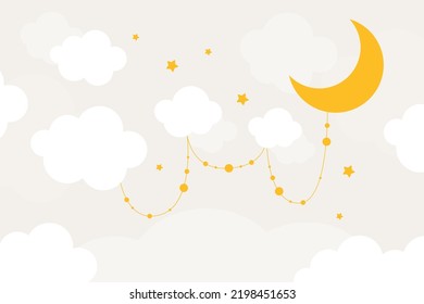 Vector hand drawn cute wallpaper with clouds, stars and moon. Wallpaper for a little princess. 3D Wallpaper.