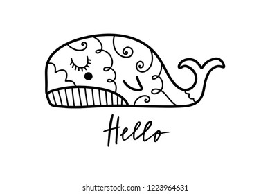 Vector hand drawn cute whale in love. Poster and banner element, children's coloring book illustration, print for t-shirt and more, sticker, label and other. Isolated on white background.