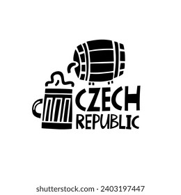 Vector Hand Drawn Czech Republic Label. Travel Europe Illustration. Hand Written Lettering Illustration. Czech Symbol Logo