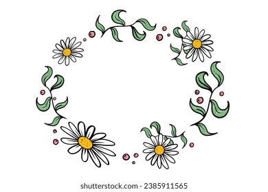 Vector Hand Drawn Daisy Flowers Frame Template Green Leaves and Daisy Flowers. Hand drawn nature concept design element. Creative Design for Print Cards Banners. Vintage style daisy wreath design.