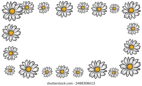 Vector Hand Drawn Daisy Flowers Isolated Frame Template Vintage Engraving Style Camomile Flowers Hand drawn design template Creative Design for Print Cards, Layout, flyer, Banners Web or Social Media