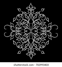 Vector hand drawn Damask pattern. Black background with white antique grunge line art tracery floral vintage ornament.