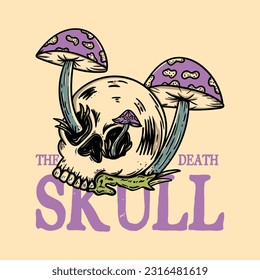 Vector hand drawn dead skull head illustration with mushrooms from his eye