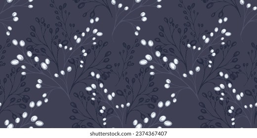 Vector hand drawn decorative, artistic, abstract branches and berries seamless pattern. Monotone grey black print. Template for design, textile, fashion, fabric, interior decor, wallpaper