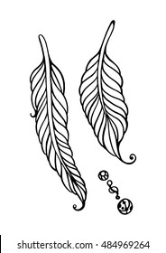 Vector hand drawn decorative bird feathers. Black and white illustration. Boho style sketch. Bohemian engrave elements.