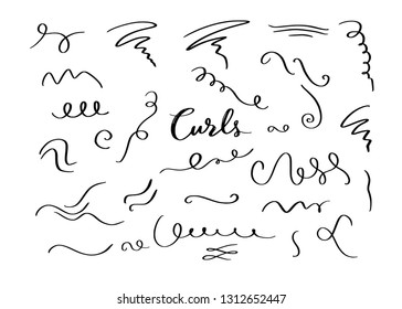 Vector hand drawn decorative curls elements, swirls, flourishes and text calligraphy dividers . Vintage isolated objects