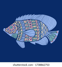 Vector Hand drawn decorative cute sea fish isolated on dark blue background.
