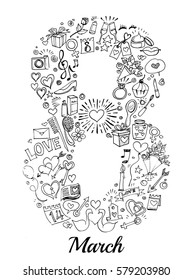 Vector hand drawn decorative element with text for Happy 8 march (woman's day) greeting card design. 