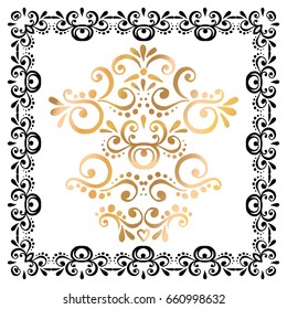 Vector hand drawn decorative elements. Set of vector  frame,gold brushes and text dividers. The collection with the branches and swirls. Isolated silhouettes.