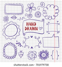vector hand drawn decorative elements on copybook page. Hand drawn doodle symbols collection