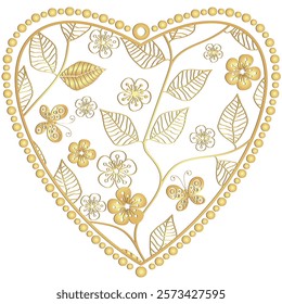 Vector hand drawn decorative golden gradient heart with flowers and leaves and butterflies. Isolated. Transparent background