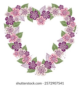 Vector hand drawn decorative heart made of stylized flowers and cherry leaves. Isolated. Transparent background