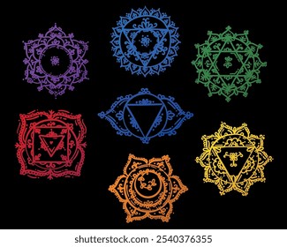 Vector hand drawn decorative, ornamental style chakra symbols