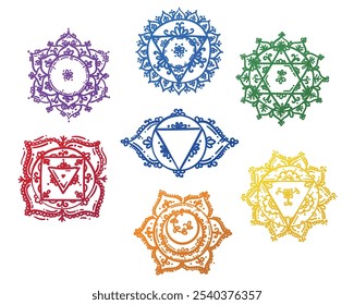 Vector hand drawn decorative, ornamental style chakra symbols